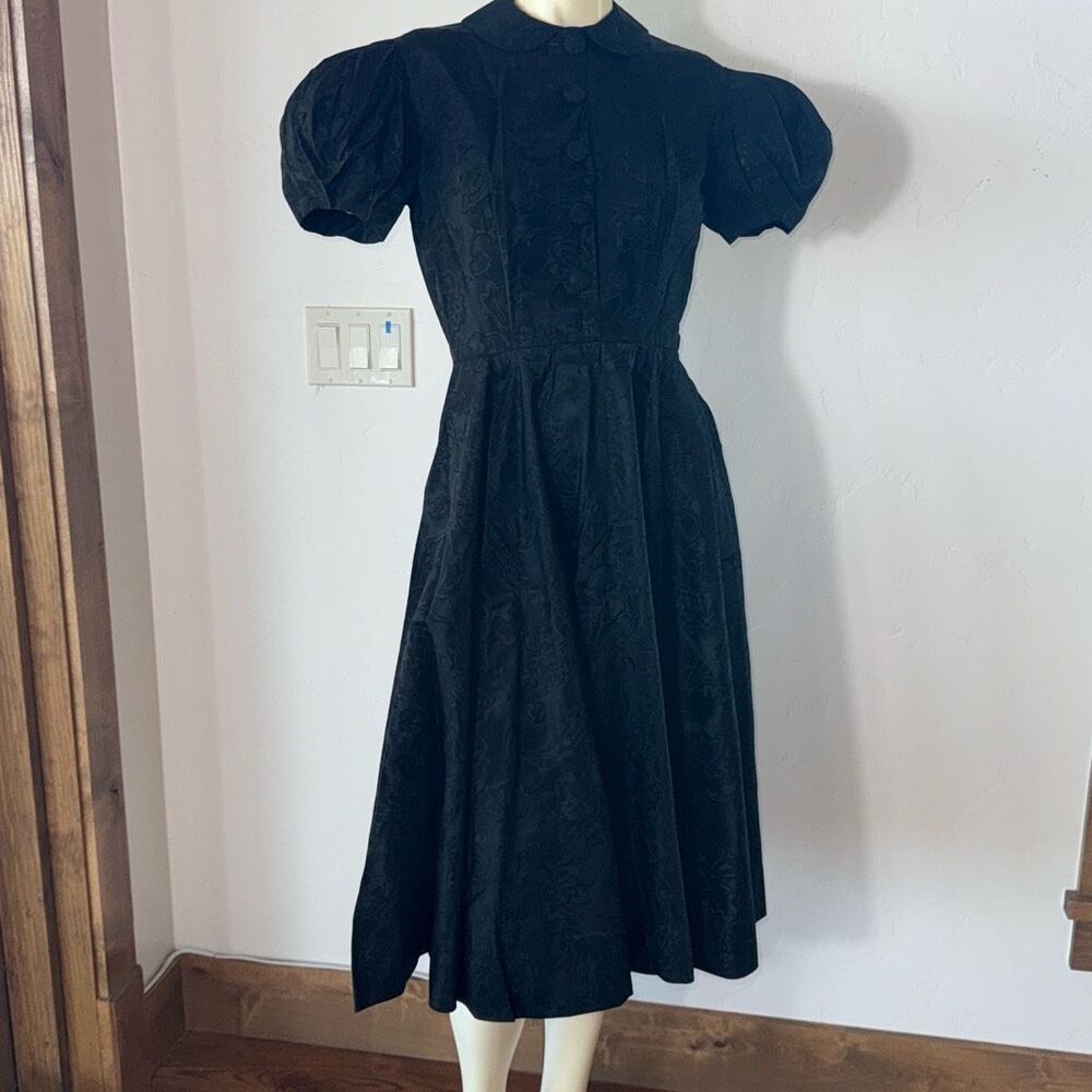 Authentic 1930s1940s Handmade Black Jacquard PuffSleeve Dress